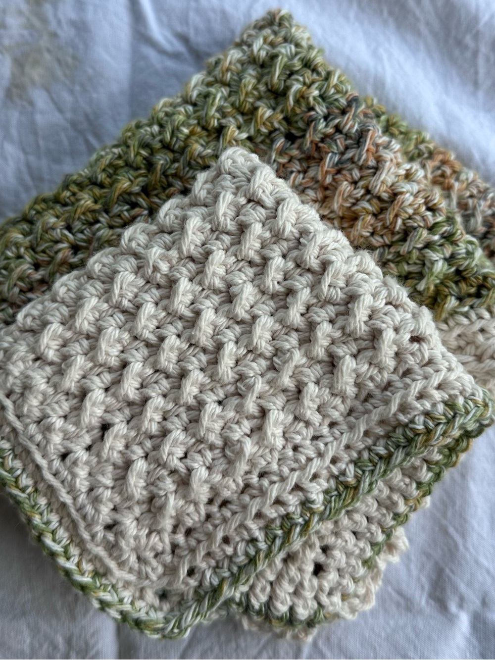 Handmade Cream and Green Crocheted Dishcloth Set